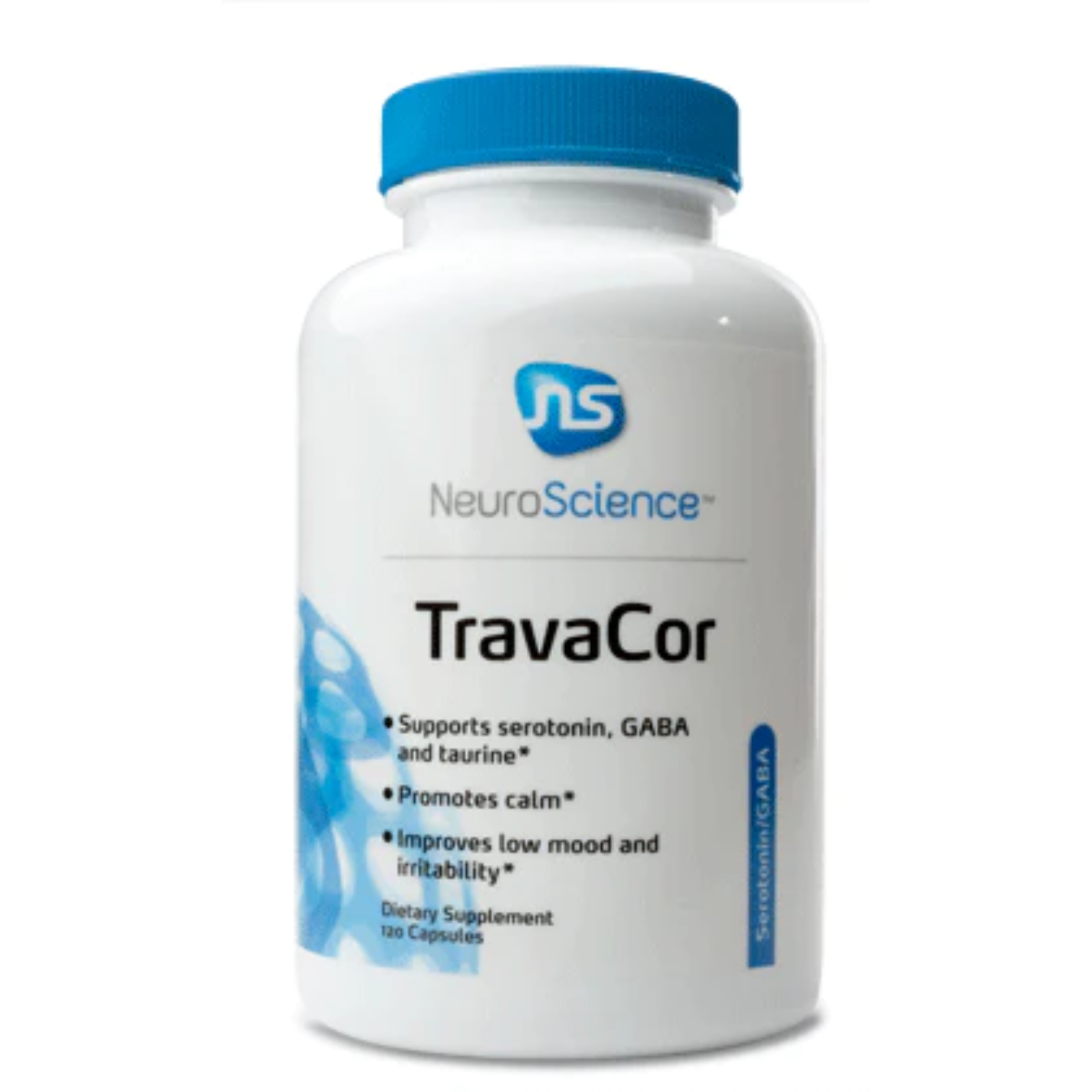 NeuroScience TravaCor bottle 120 capsules with mood support, calmness, and relaxation benefits.