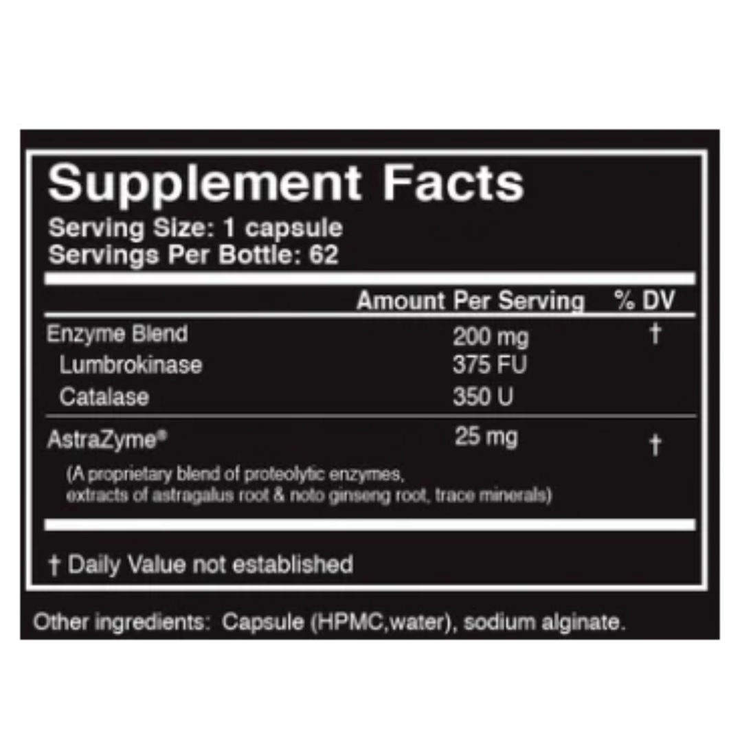 Supplement Facts for Master Supplements US Enzymes Lumbroxym 62 Caps detailing enzyme blend, Lumbrokinase, and Catalase