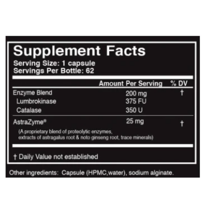 Supplement Facts for Master Supplements US Enzymes Lumbroxym 62 Caps detailing enzyme blend, Lumbrokinase, and Catalase