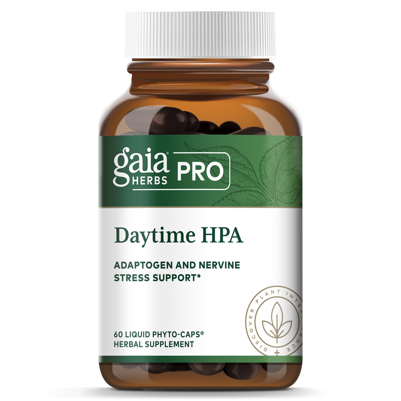 Gaia Herbs HPA Axis Daytime Maintenance Adrenal Support 60 Capsules in a bottle for stress relief.