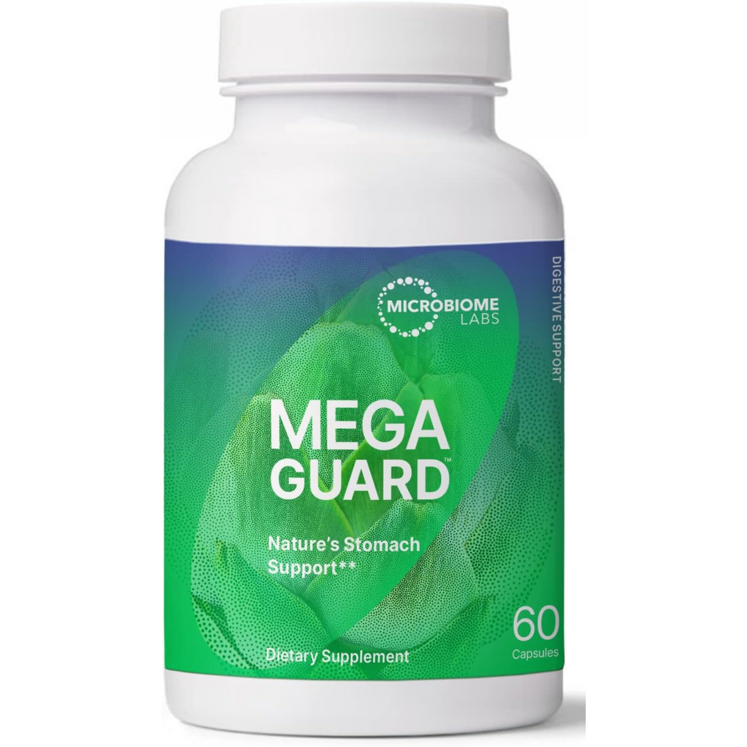 Microbiome Labs MegaGuard Comprehensive Digestive Support capsules bottle, 60 count, dietary supplement.