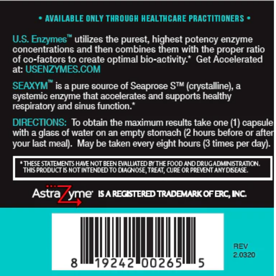 Master Supplements US Enzymes Seaxym product label showcasing directions and features of the digestive enzyme capsules.