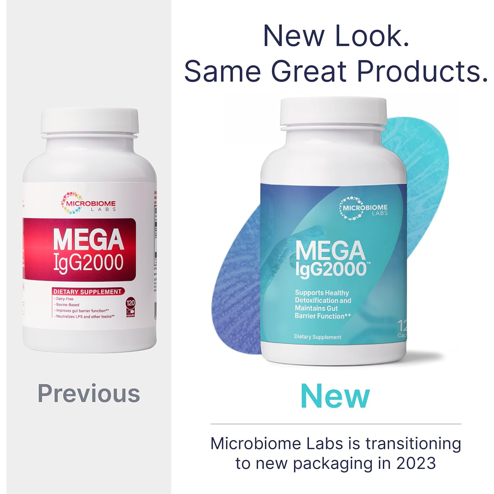 Microbiome Labs MegaIgG2000 dietary supplement bottles showing new packaging design in 2023.