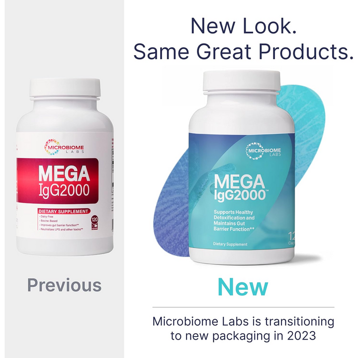 Microbiome Labs MegaIgG2000 dietary supplement bottles showing new packaging design in 2023.