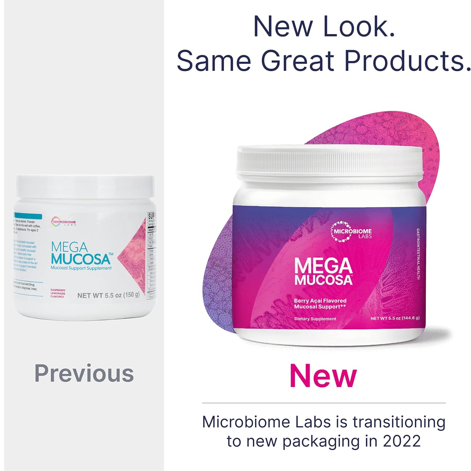 Microbiome Labs MegaMucosa Powder new and previous packaging comparison for immune support