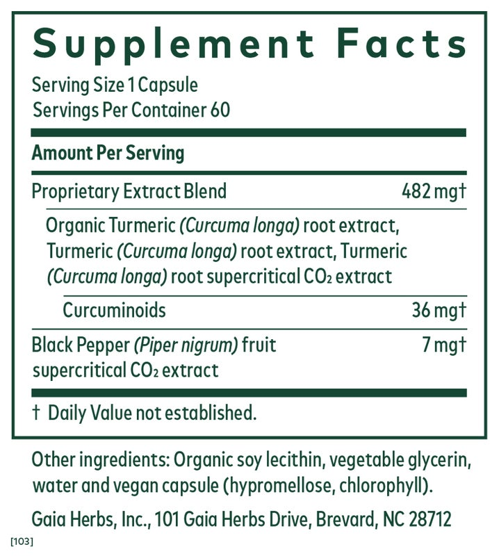 Supplement Facts for Gaia Herbs Curcuma Supreme NF kB Formula showing ingredients and serving information.