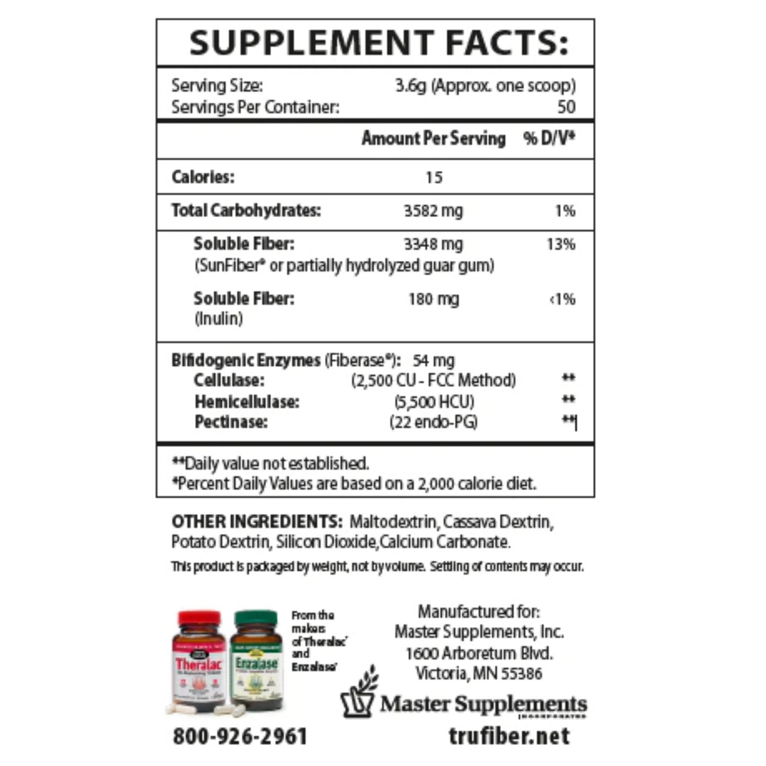 Supplement facts for Master Supplements BioActive TruFiber Powder, serving details and ingredients list.