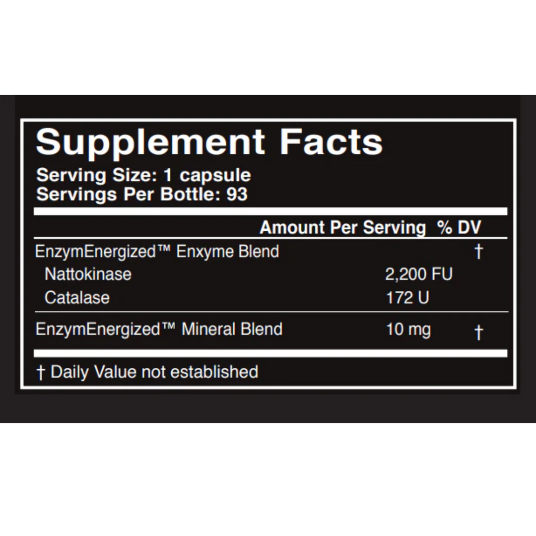 Supplement facts for Master Supplements US Enzymes NATTOXYM showing Nattokinase and Catalase amounts per serving.
