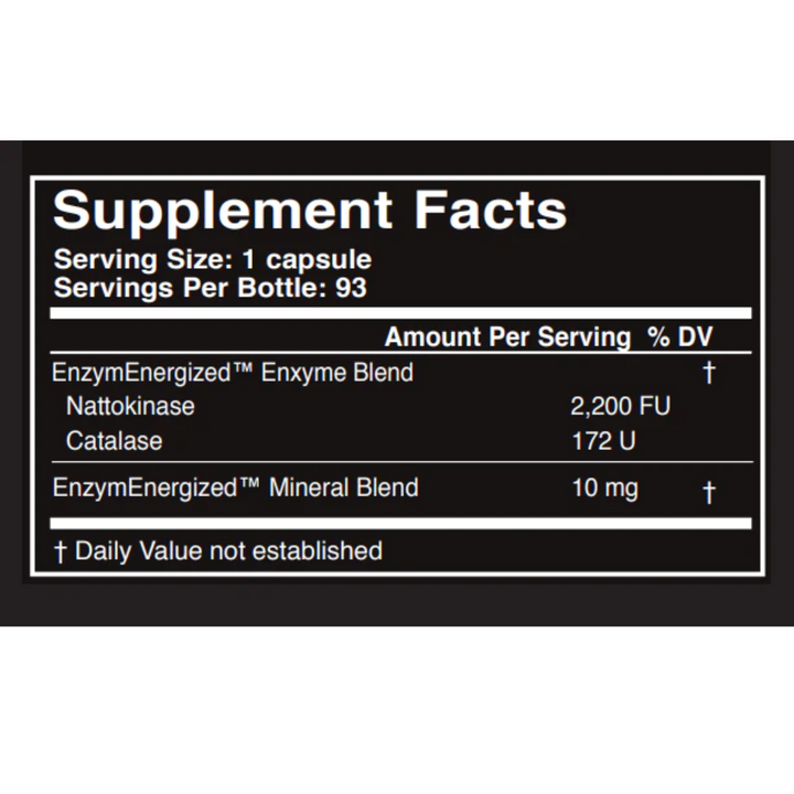 Supplement facts for Master Supplements US Enzymes NATTOXYM showing Nattokinase and Catalase amounts per serving.