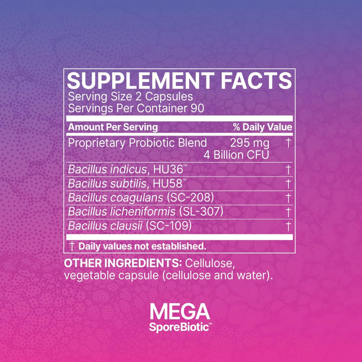 Supplement facts for Microbiome Labs MegaSporeBiotic showing probiotic blend and serving information.