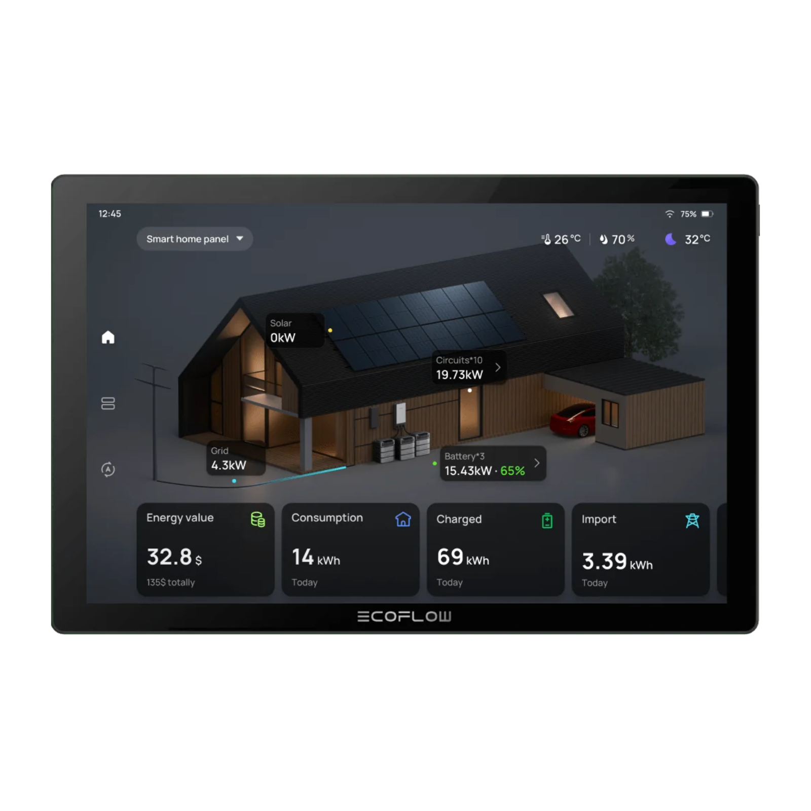 EcoFlow Power Insight Home Energy Manager 10 Inch Touchscreen for Energy Control displaying energy metrics and smart home features.