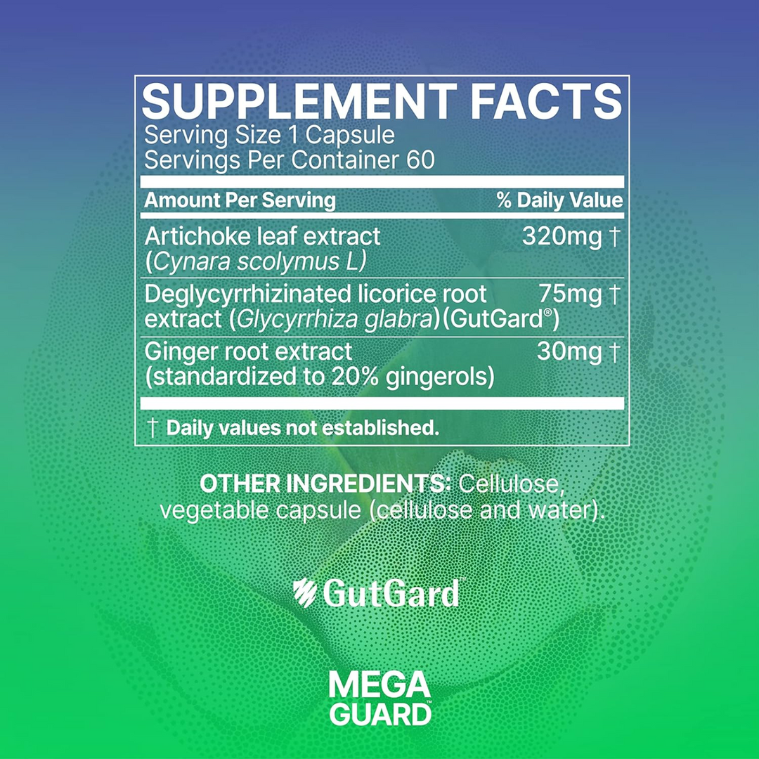 Supplement facts for Microbiome Labs MegaGuard with artichoke leaf extract, licorice, and ginger root extract ingredients.