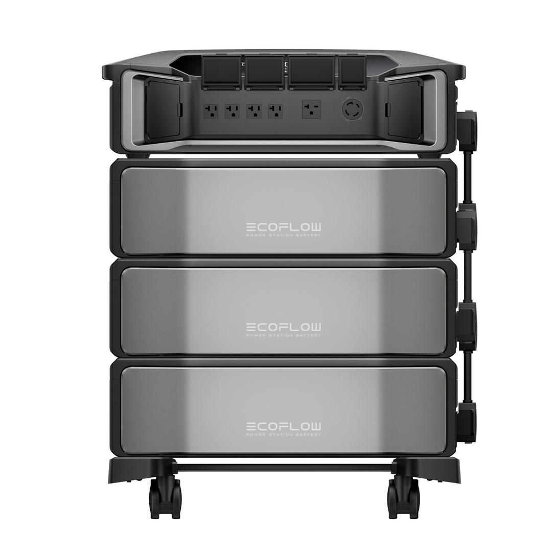 EcoFlow DELTA Pro Ultra Inverter + 3 Batteries 18kWh Home Backup Kit with multiple outlets for power supply.