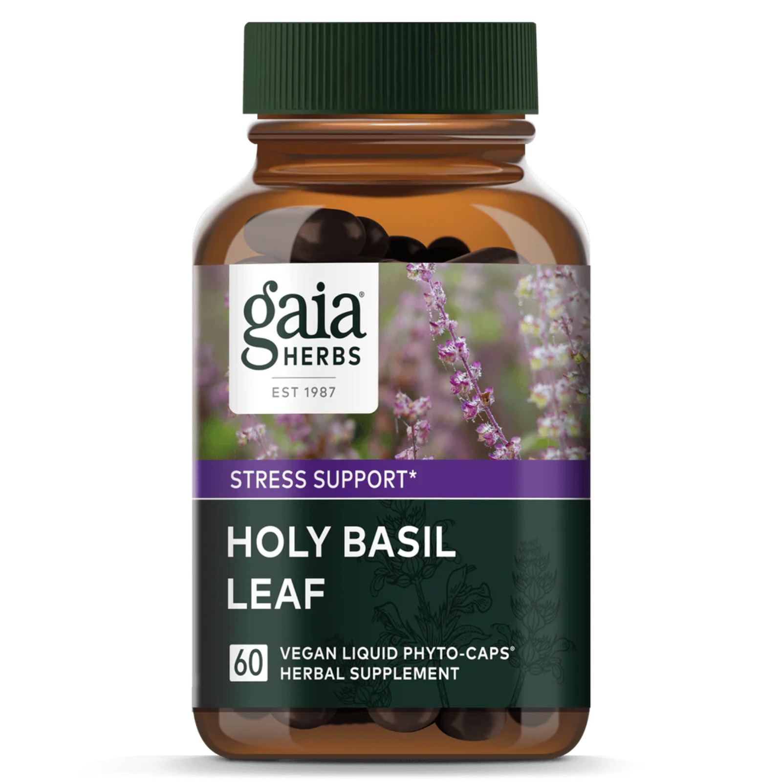 Gaia Herbs Holy Basil 60 Caps stress support and mental clarity herbal supplement bottle