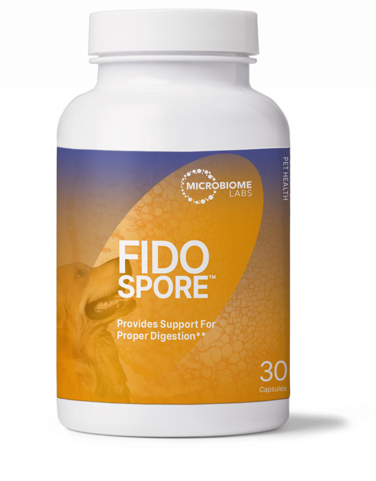 Microbiome Labs FidoSpore Probiotic bottle packaging for dog digestion support, containing 30 capsules.