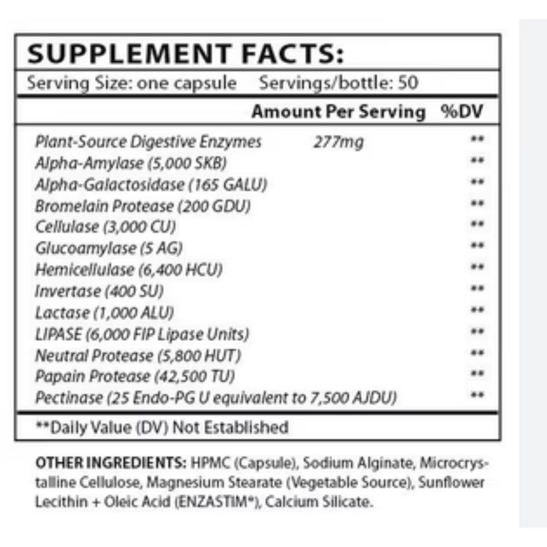 Supplement facts of Master Supplements US Enzymes ENZALASE 93 Capsules showing detailed enzyme breakdown.