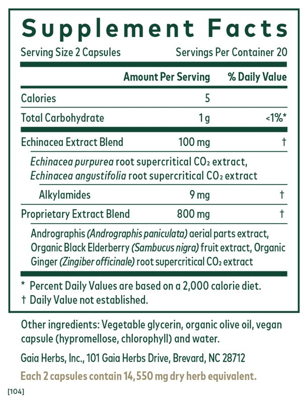 Supplement Facts for Gaia Herbs Immune Activator showing serving size and ingredients list on a green background.