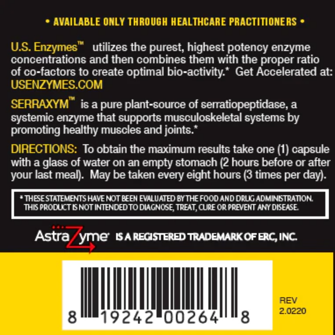 Master Supplements US Enzymes Serraxym supplement label showing musculoskeletal support information and directions.
