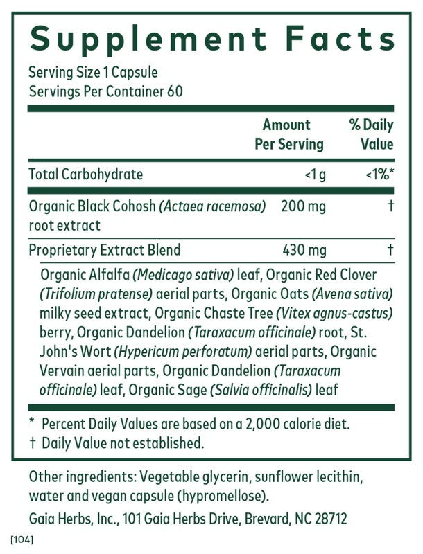 Supplement facts for Gaia Herbs Female Support Formula, detailing ingredients and nutritional information.