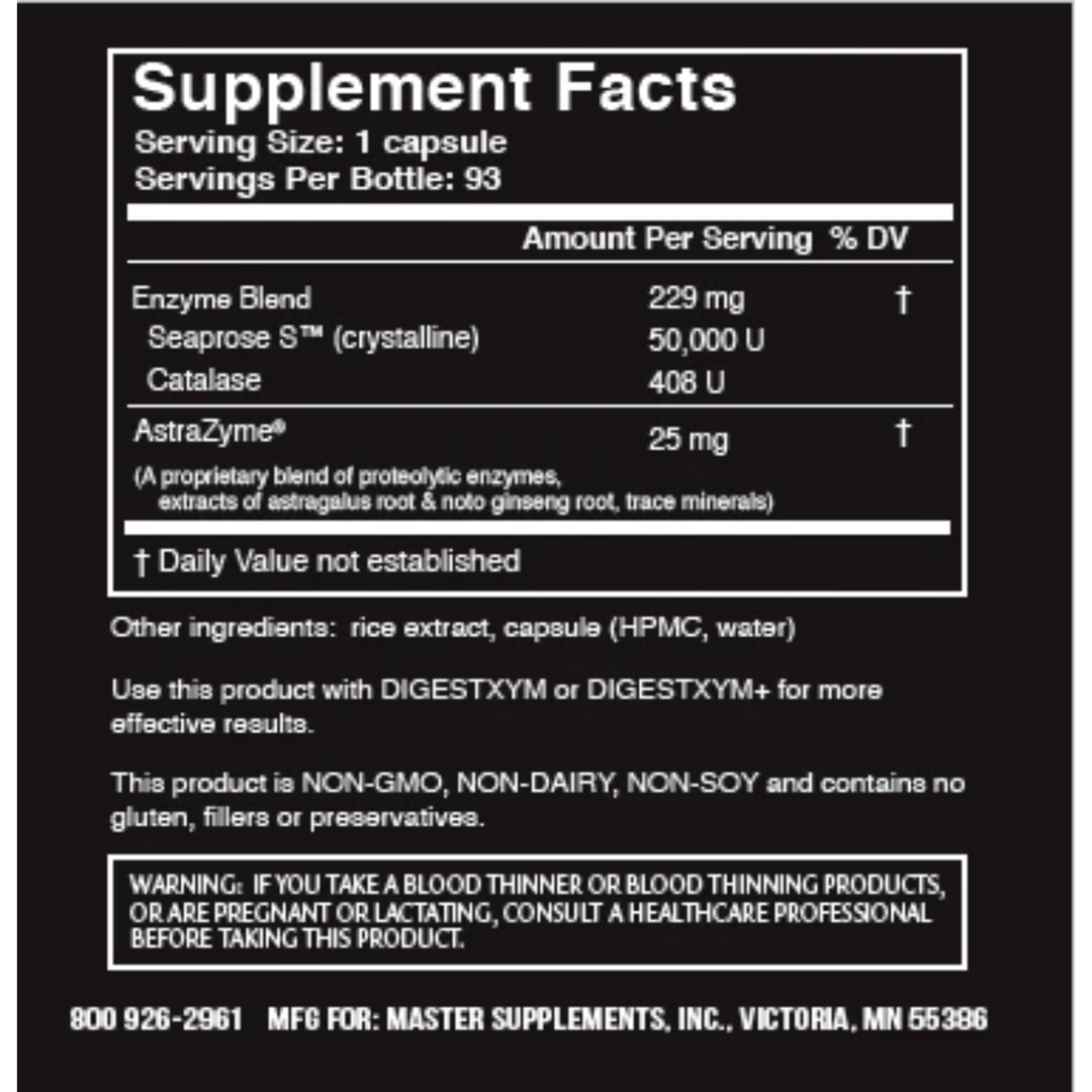 Master Supplements US Enzymes Seaxym Supplement Facts panel showing ingredients like Seaprose S™ and Catalase in 93 capsules.