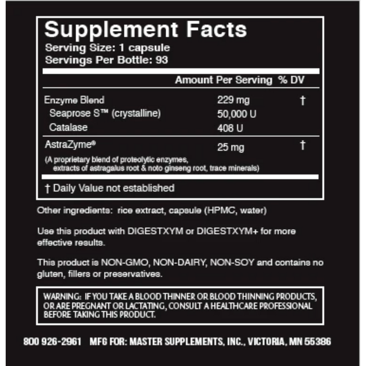 Master Supplements US Enzymes Seaxym Supplement Facts panel showing ingredients like Seaprose S™ and Catalase in 93 capsules.