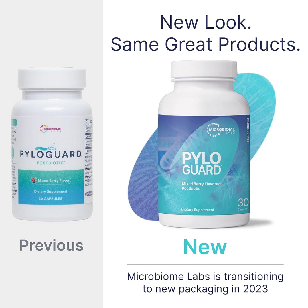 Microbiome Labs PyloGuard 30 Capsules redesigned packaging demonstrating new and previous product looks.