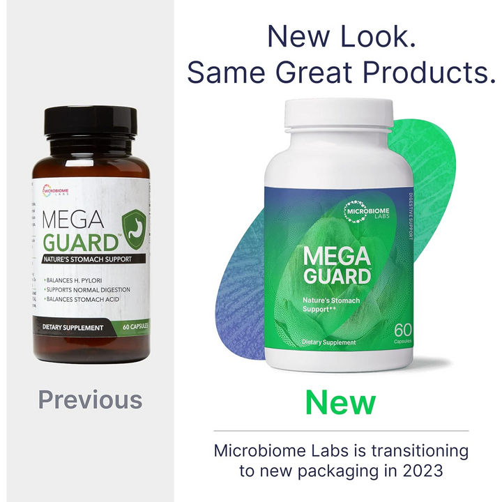 Image showing the old and new packaging of Microbiome Labs MegaGuard Comprehensive Digestive Support 60 Capsules.
