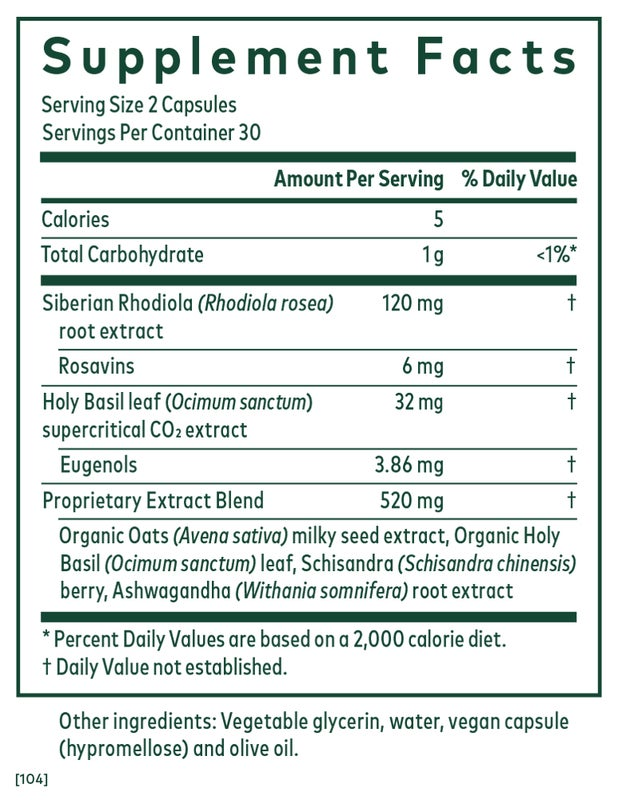 Supplement Facts for Gaia Herbs HPA Axis Daytime Maintenance Adrenal Support Capsules, including ingredients and nutritional information.