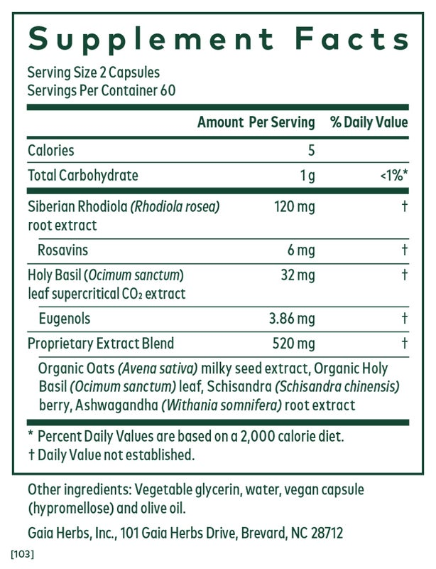 Supplement facts for Gaia Herbs Daytime HPA 120 Capsules, detailing ingredients and nutritional information.