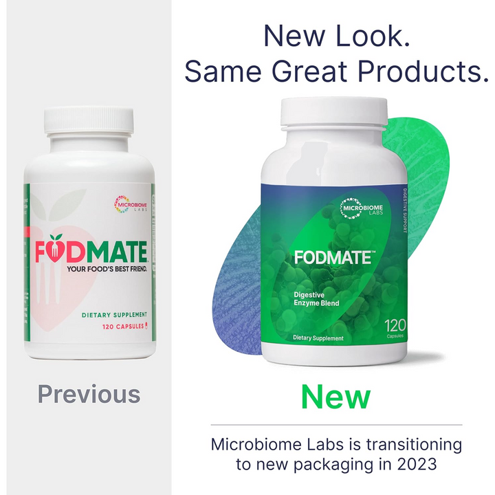 Microbiome Labs FODMate 120 Caps with new packaging design, supports digestive comfort and relief.