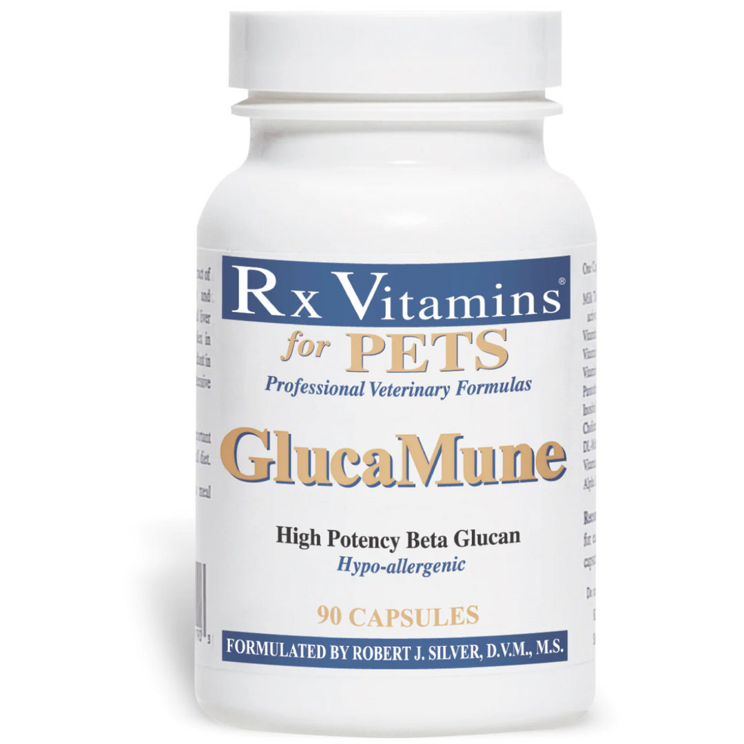 Rx Vitamins For Pets Glucamune 90 Caps High Potency Beta Glucan for dogs and cats in a white bottle.