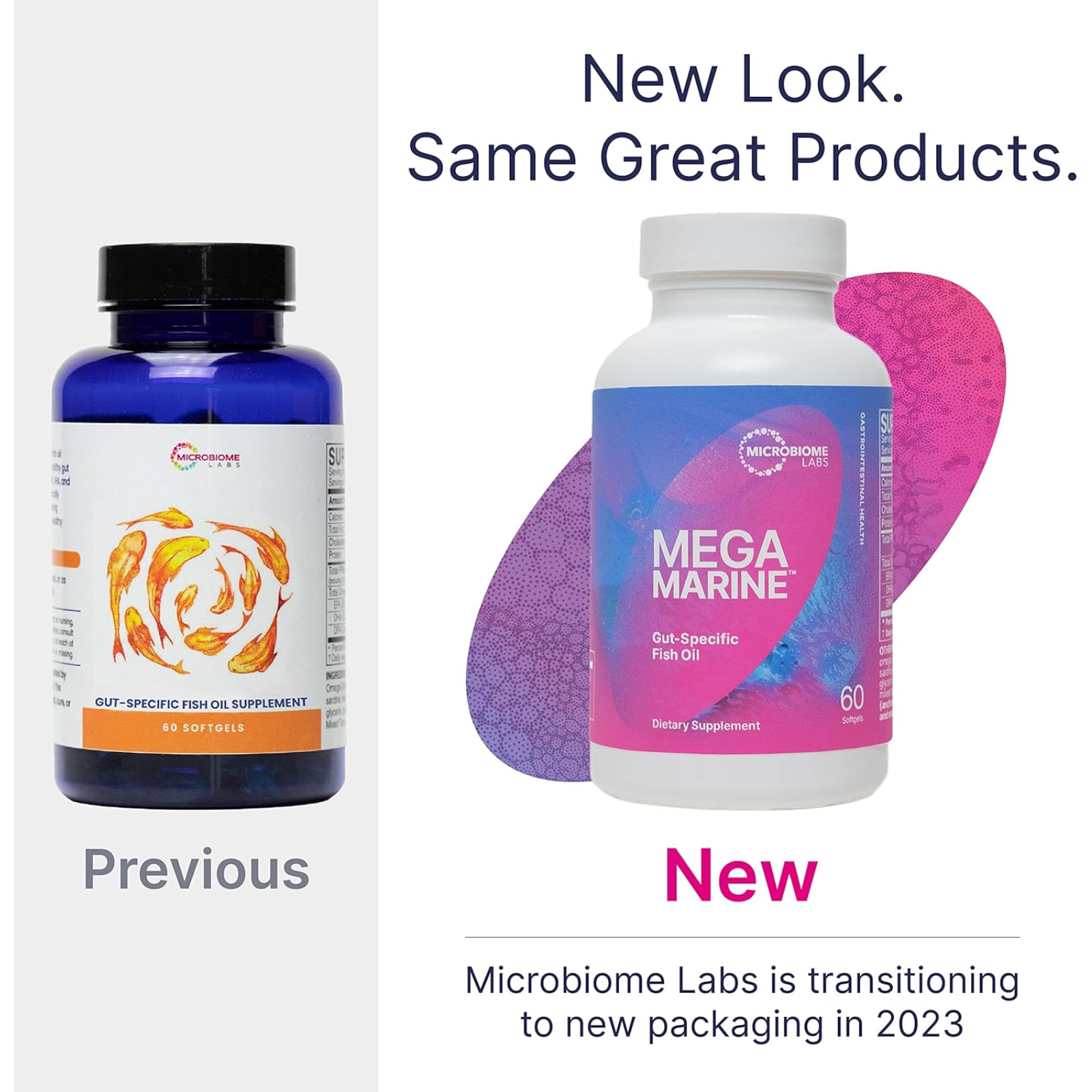 Microbiome Labs MegaMarine gut-specific fish oil supplement comparison, showcasing new packaging design in 2023.