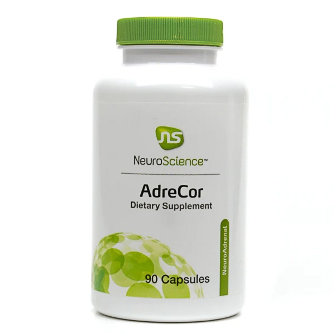 NeuroScience AdreCor Adrenal Energy Support dietary supplement bottle with 90 capsules.