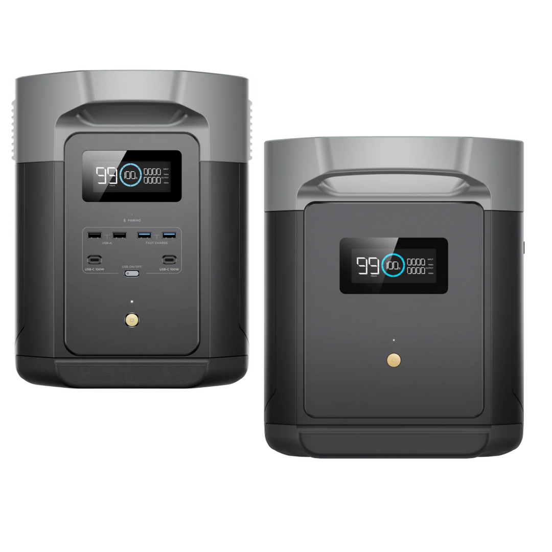 EcoFlow DELTA 2 Max Power Station front and side views showcasing power output and charging ports.