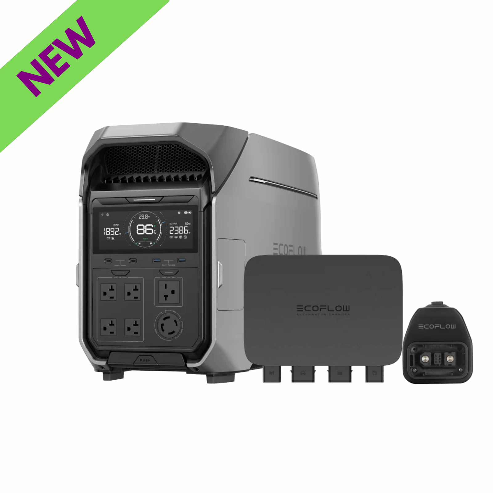 EcoFlow Delta Pro 3 Power Station + 800W Alternator Charger + Generator Adapter with new design and features.