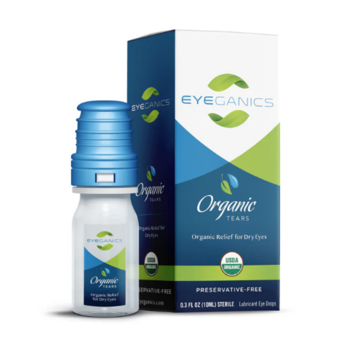 Eyeganics Organic Eye Drops 10mL bottle with blue cap for moisture support and irritation care, preservative-free.