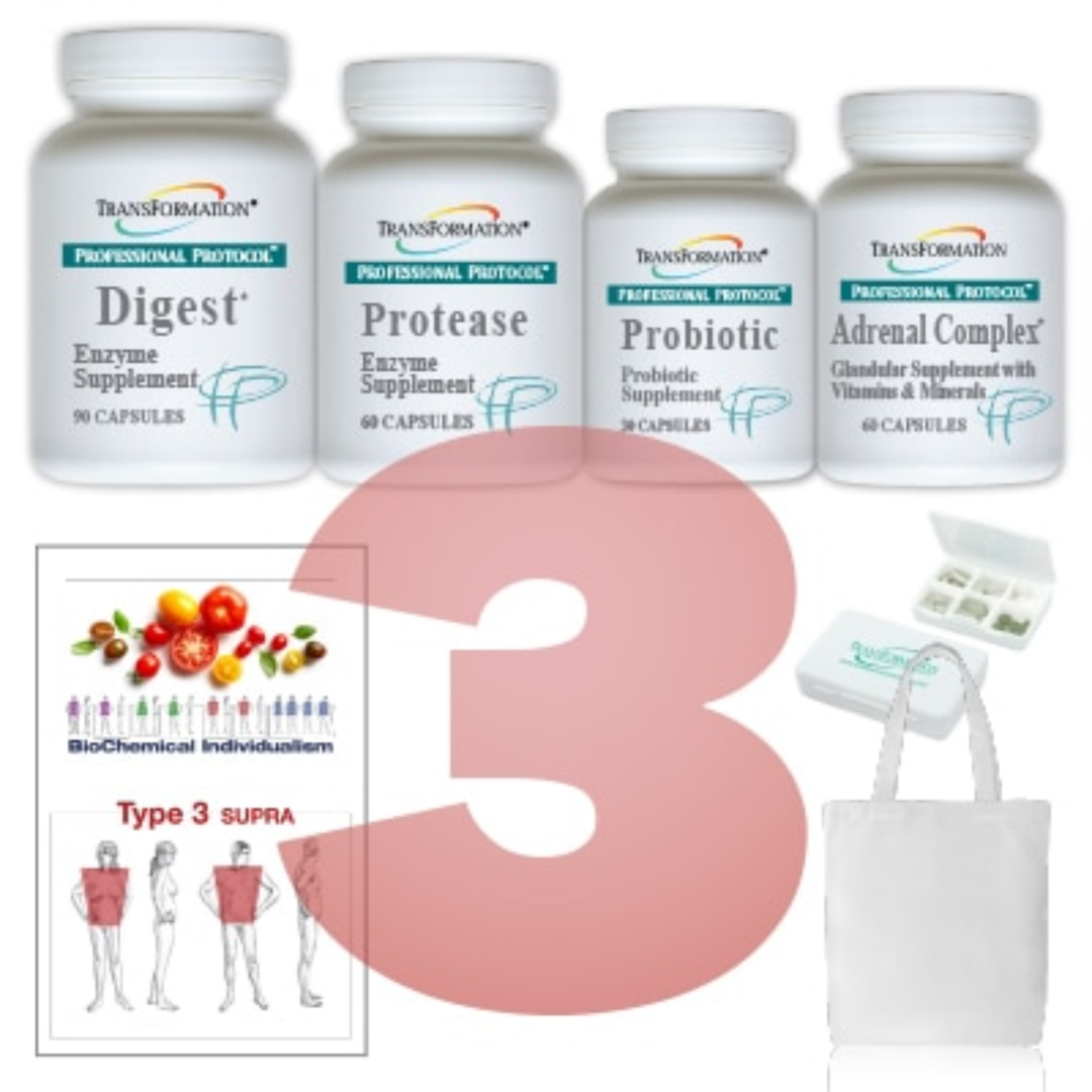 Transformation Enzymes PureZyme RepairZyme SUPRA Bundle featuring Digest, Protease, Probiotic, and Adrenal Complex supplements.