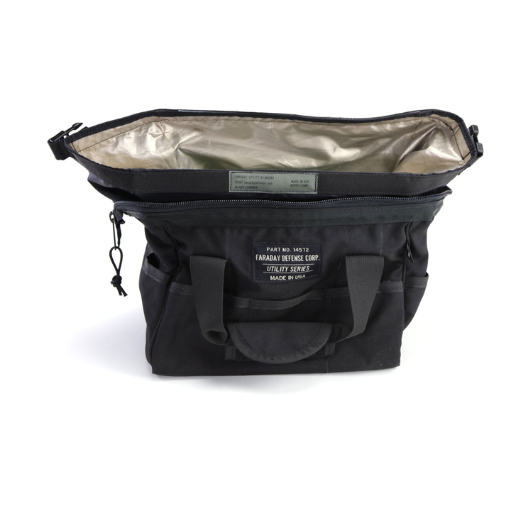 Faraday Cordura Utility Bag Small black canvas top view showcasing durable waterproof interior and strong handles.