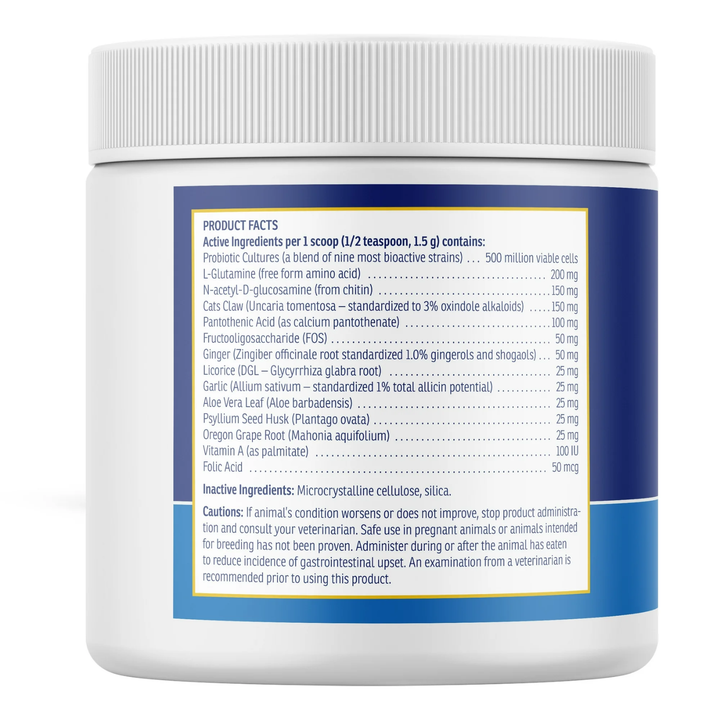 Rx Vitamins For Pets NutriGest Powder 4.65 Oz Bowel Health for Dogs and Cats product facts label.