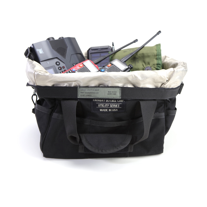 Faraday Cordura Utility Bag Small holding various equipment, durable black canvas construction, waterproof.
