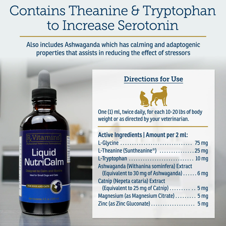 Rx Vitamins For Pets Liquid Nutricalm includes Theanine, Tryptophan, and Ashwagandha for pet relaxation.