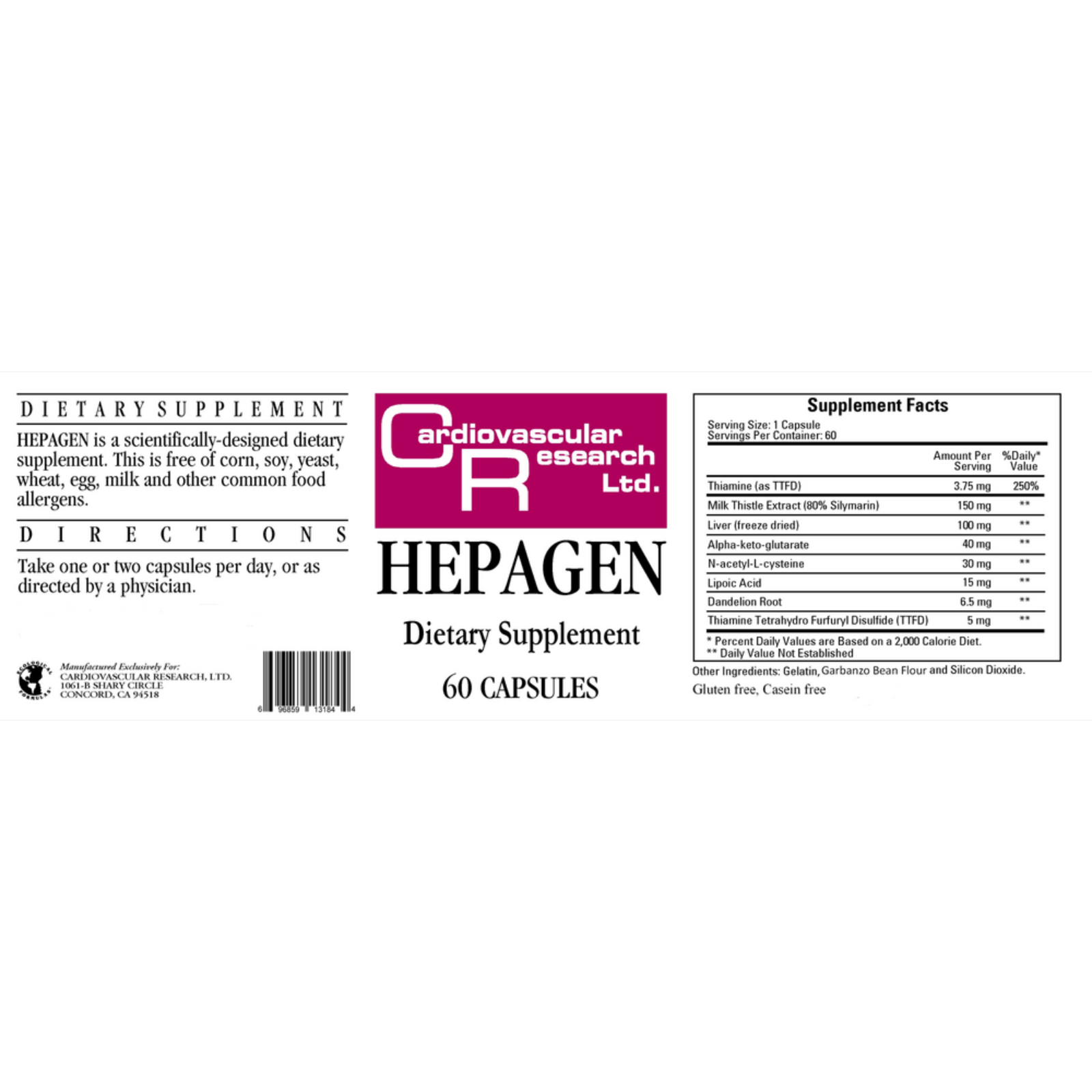 Cardiovascular Research Hepagen Liver Support Formula 60 Capsules dietary supplement label showing ingredients and usage directions.