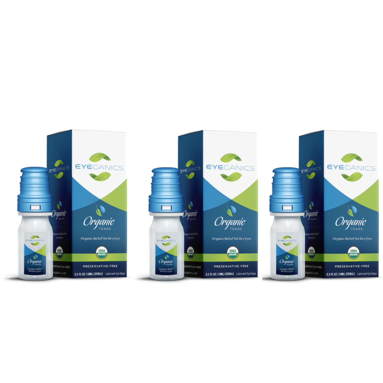 Qty 3 Eyeganics Organic Eye Drops 10mL each preservative free moisture support bottles with packaging