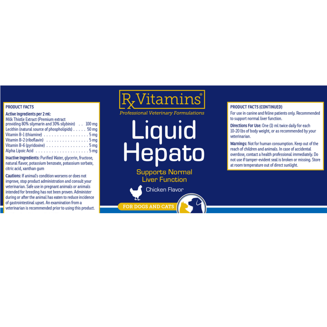 Rx Vitamins For Pets Liquid Hepato Chicken Flavor 4 fl oz for Dogs and Cats supplement label, supports liver health.