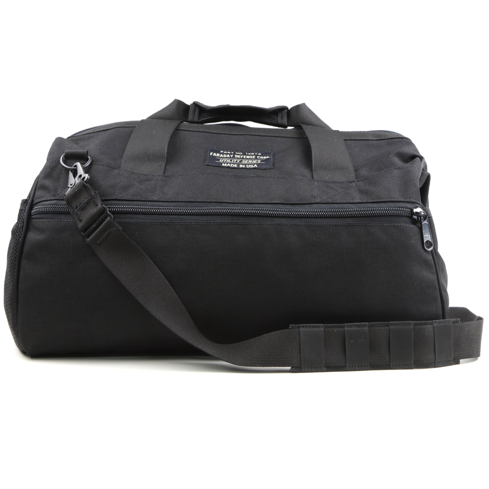 Faraday Cordura Utility Bag in medium size, black durable waterproof canvas with shoulder strap.