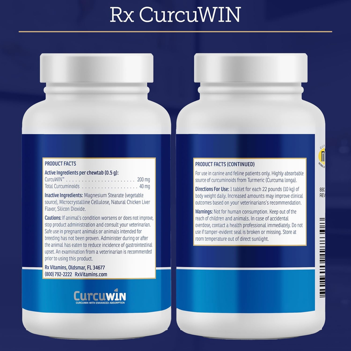 Rx Vitamins For Pets Rx CurcuWIN 90 Chewable Tablets packaging, highlighting ingredients and dosage details.