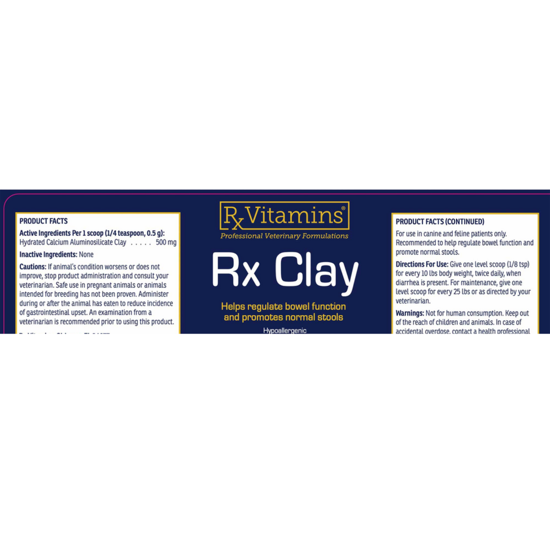 Rx Vitamins For Pets Rx Clay 100g product label, supports bowel function and promotes normal stools in dogs and cats.