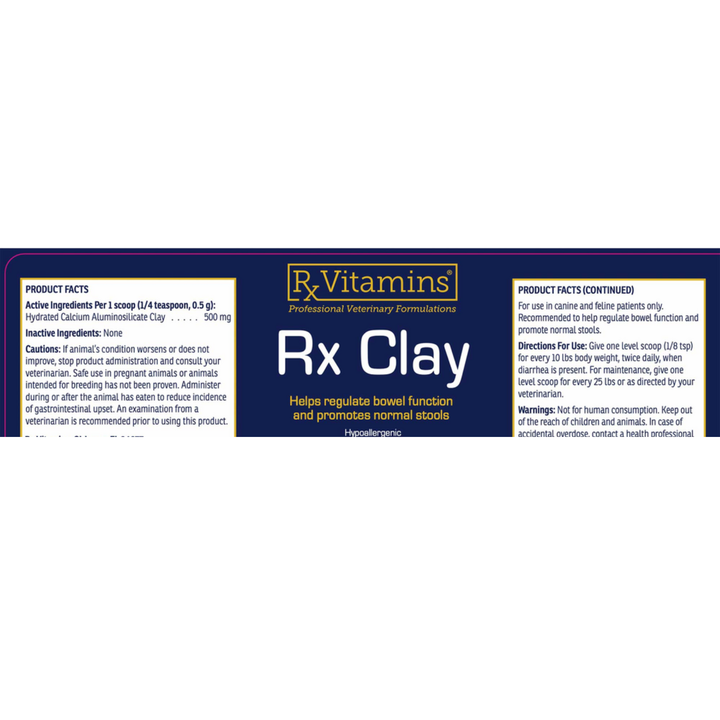 Rx Vitamins For Pets Rx Clay 100g product label, supports bowel function and promotes normal stools in dogs and cats.