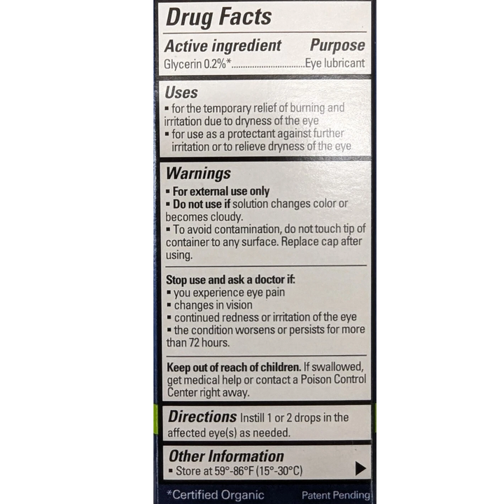 Drug facts for Eyeganics Organic Eye Drops, including ingredients and usage instructions.