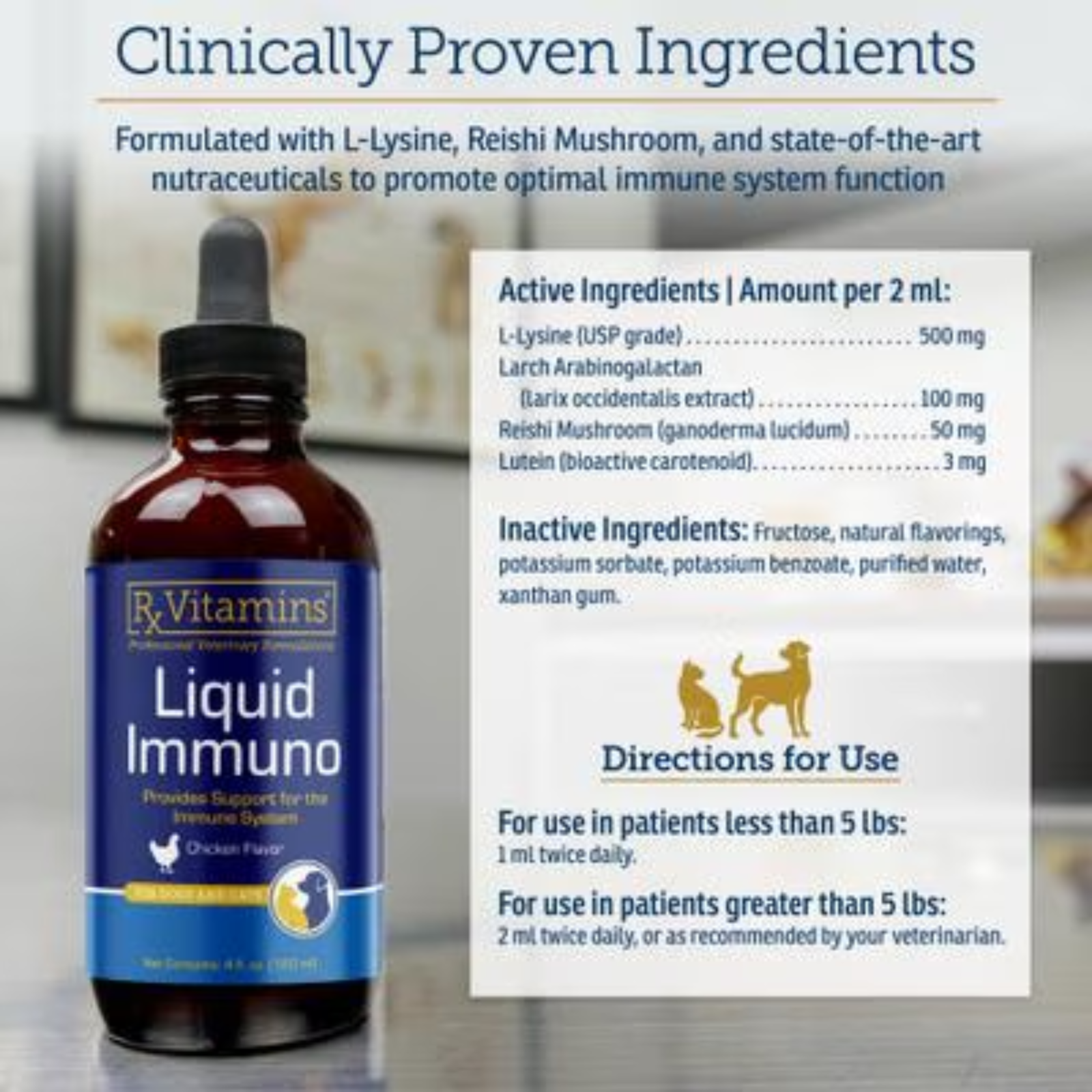 Rx Vitamins For Pets Liquid Immuno Chicken Flavor 2 Oz with clinically proven ingredients for dog and cat immune support.